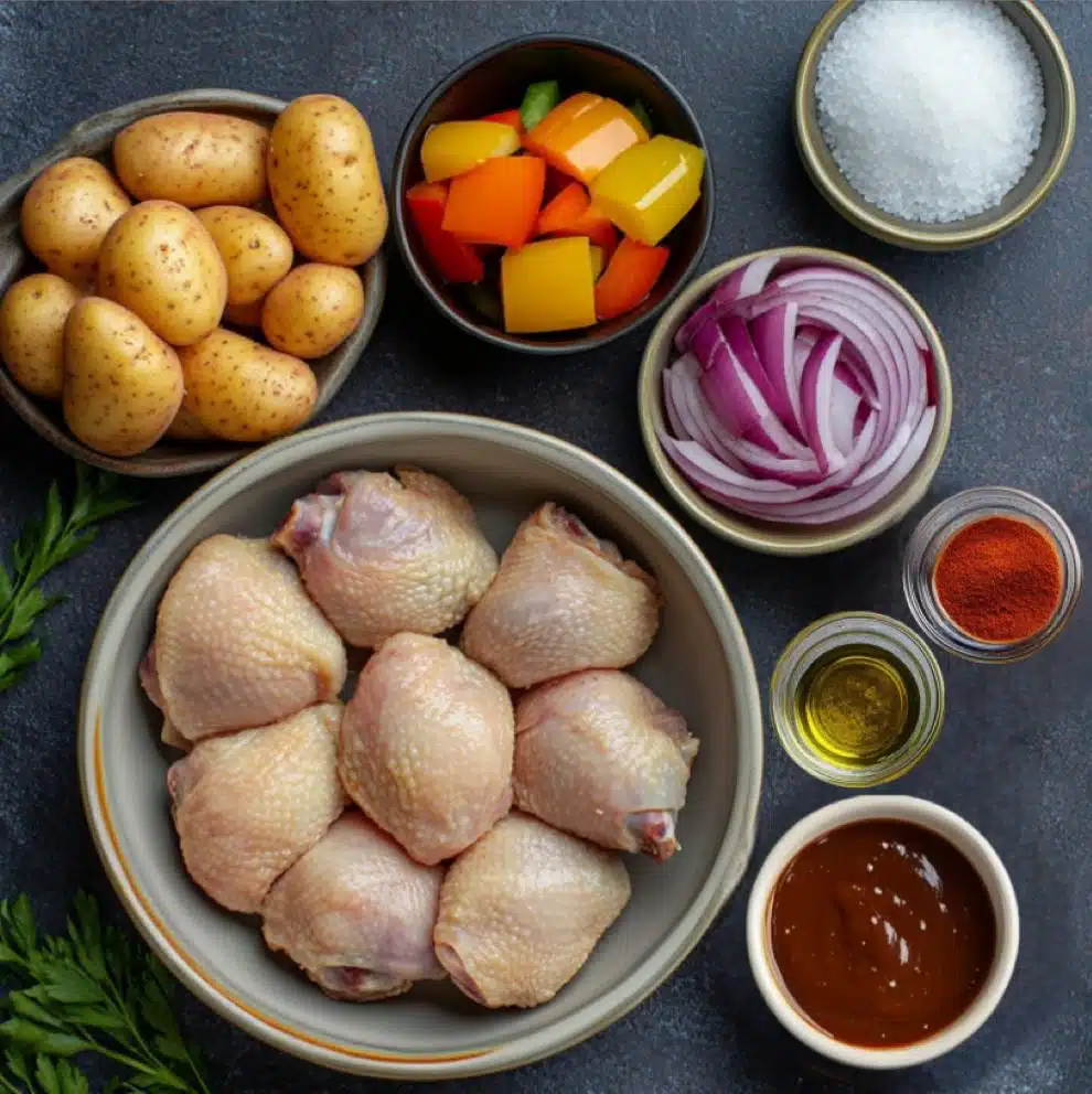 Ingredients for BBQ chicken sheet pan  on counter