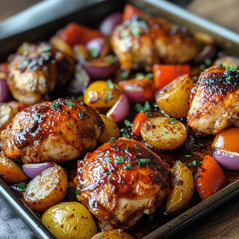BBQ chicken sheet pan with roasted vegetables on tray