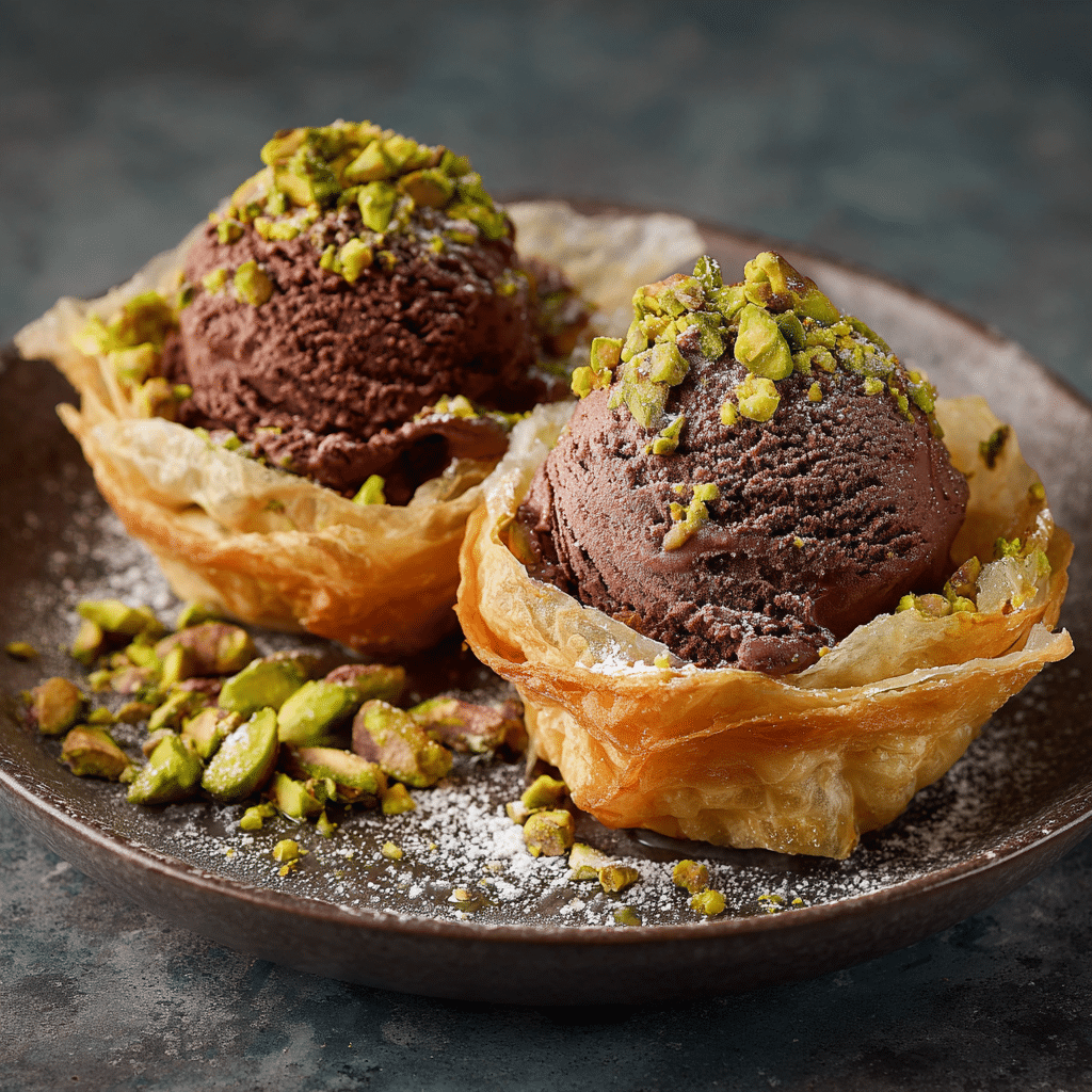 Dubai chocolate pistachio ice cream served on a phyllo wafer plate
