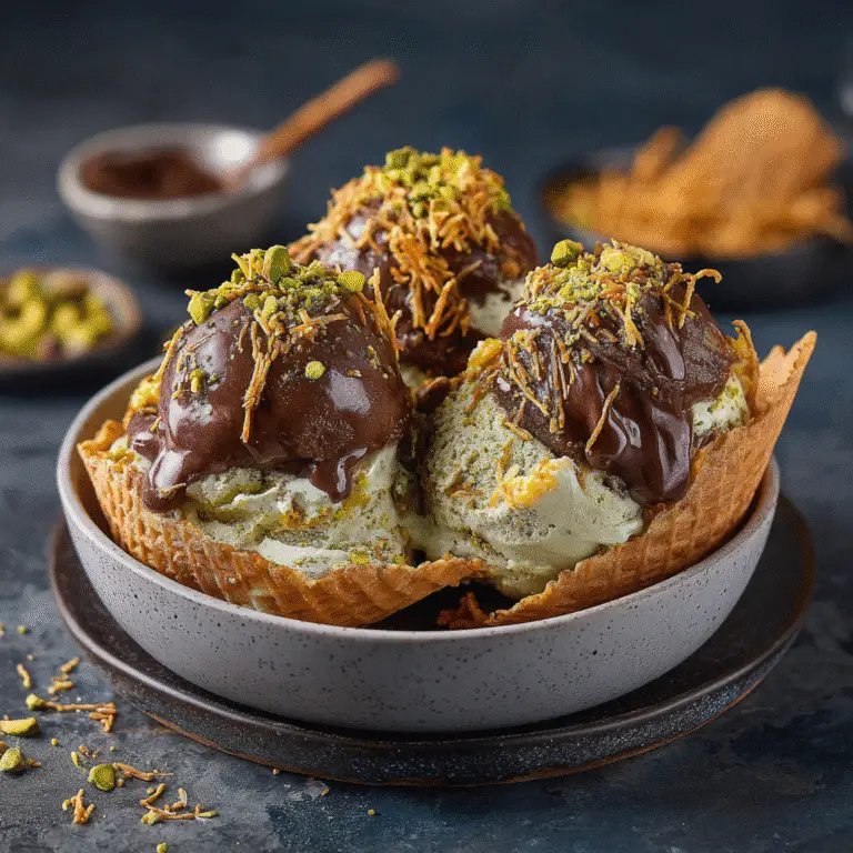 Dubai chocolate pistachio ice cream in a gold bowl with toppings