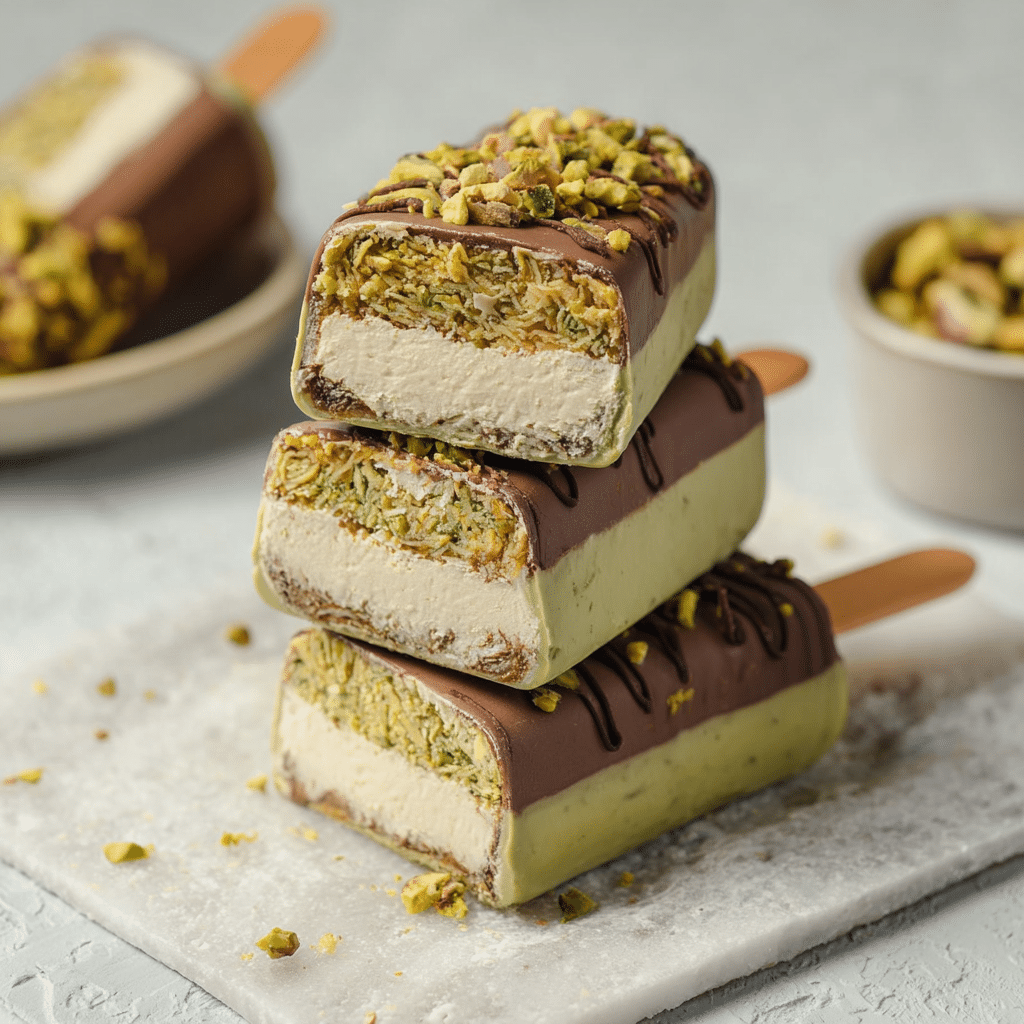 Dubai chocolate pistachio ice cream bar with cracked chocolate shell