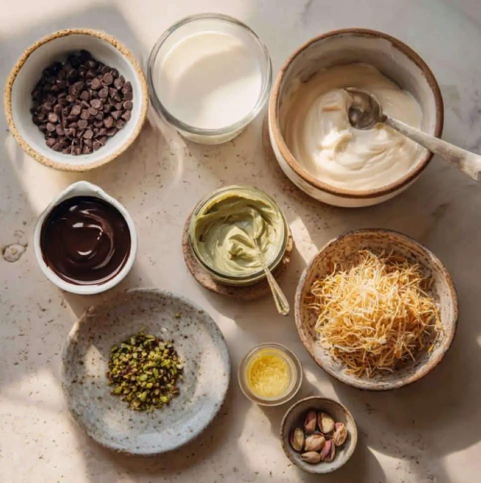 Ingredients for Dubai chocolate pistachio ice cream laid out in bowls
