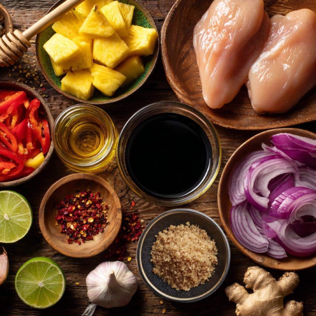 Ingredients for Hawaiian chicken sheet pan recipe including pineapple, chicken, bell peppers, garlic, and ginger
