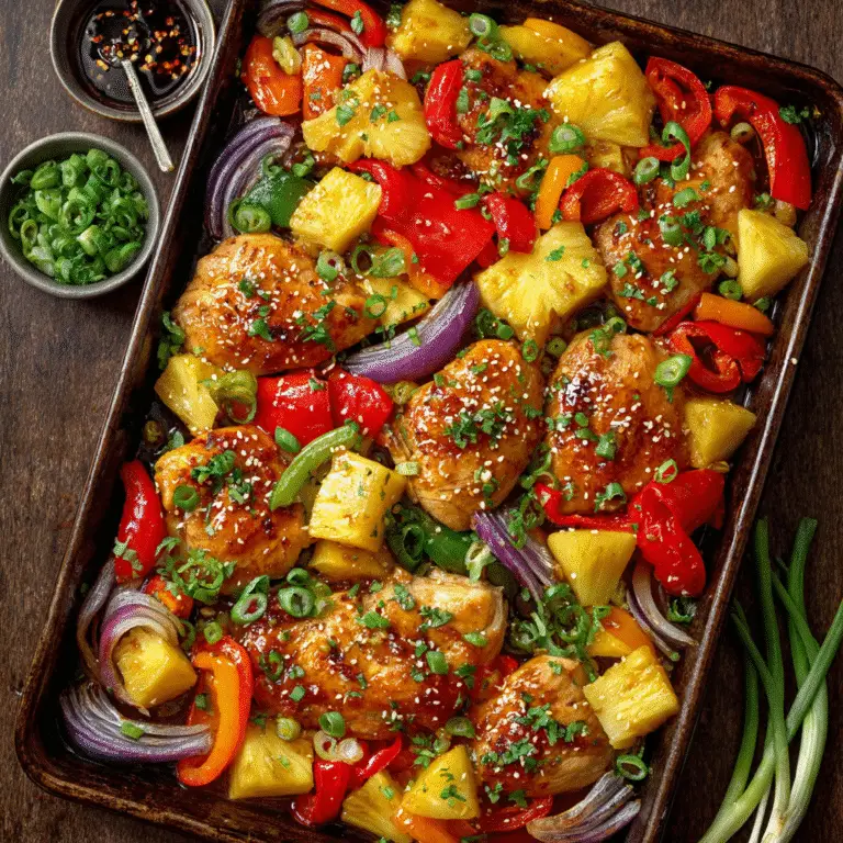 Juicy Hawaiian chicken sheet pan recipe with pineapple and vegetables