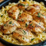 One Pan Chicken with Buttered Noodles served with fresh parsley garnish