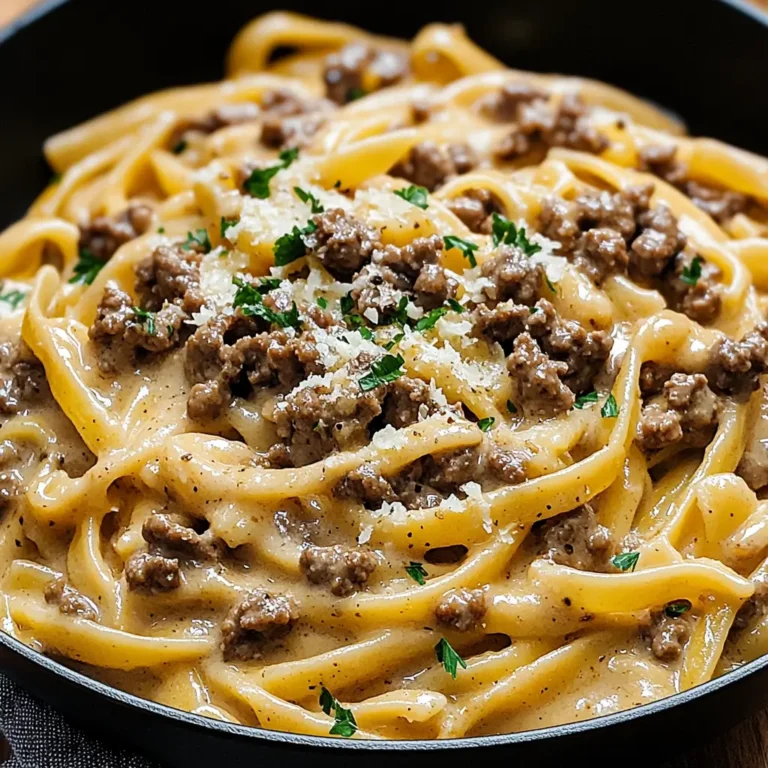 One pot creamy beef and garlic butter pasta in bowl
