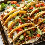 Sheet pan tacos with golden crispy tortillas, beef, cheese, and fresh toppings