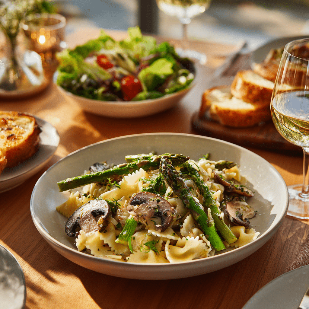 asparagus mushroom pasta dinner setup