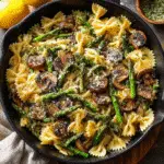 asparagus pasta mushroom in creamy garlic sauce