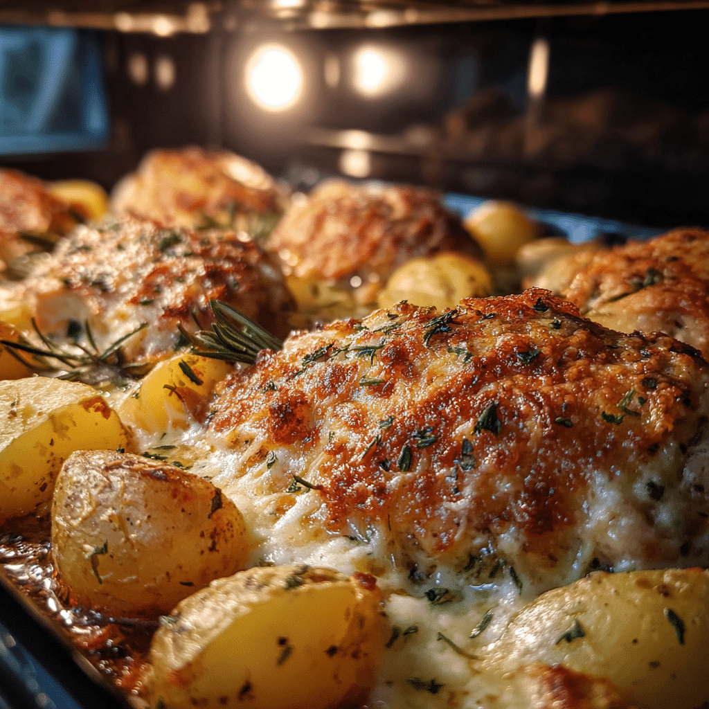 Garlic parmesan chicken and potatoes in oven
