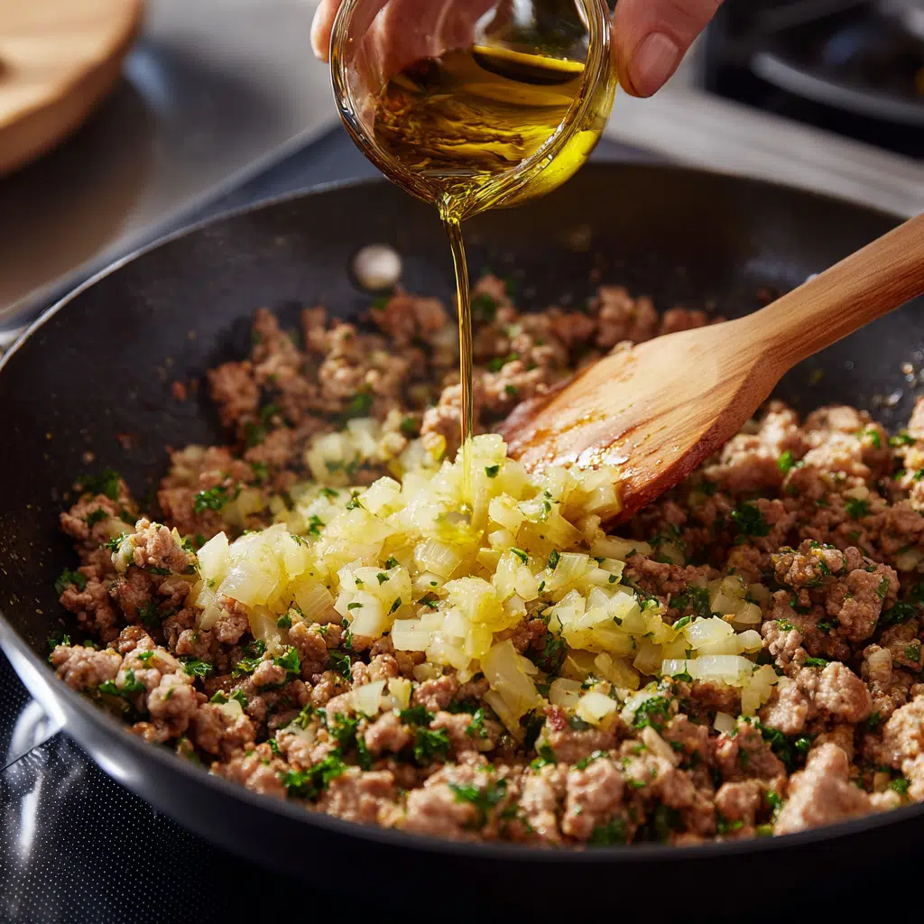 Cooking ground beef with taco seasoning and onions in skillet for hot honey bowl