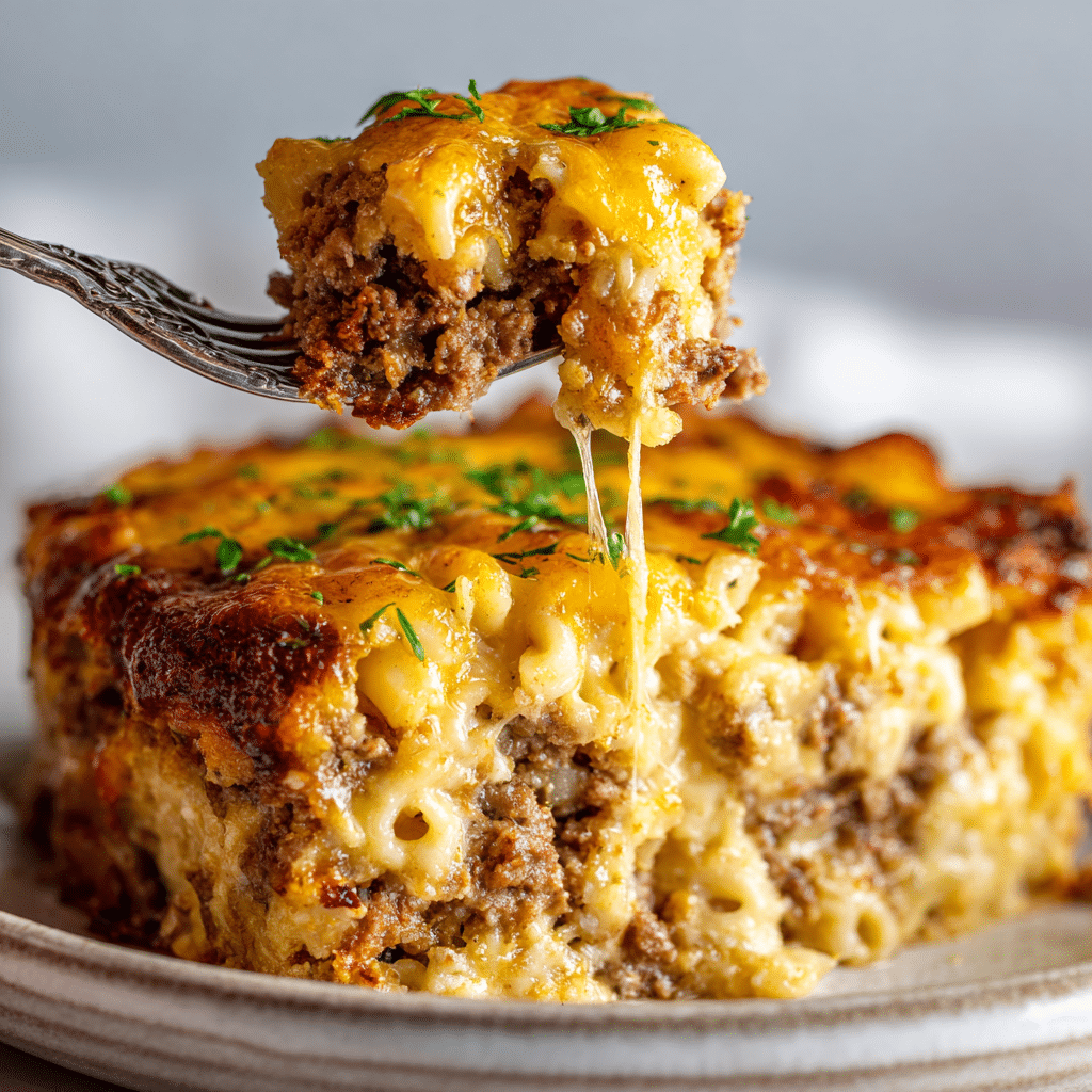 Bite of cheesy mac and cheese meatloaf casserole