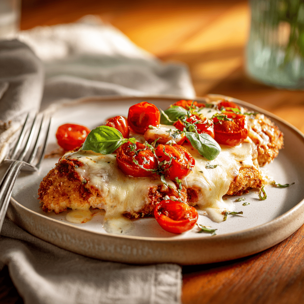 Crispy sheet-pan chicken parmesan served on a white ceramic plate with roasted tomatoes