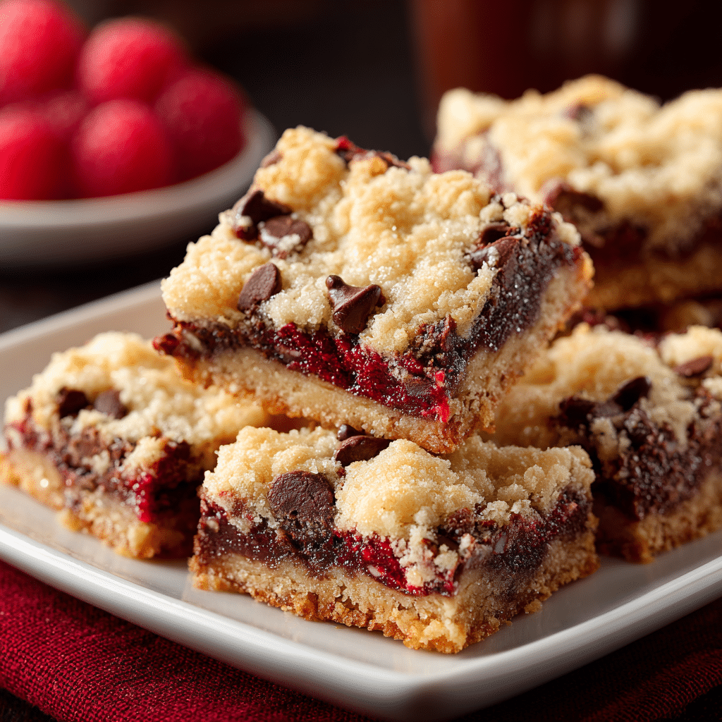 Chocolate raspberry bar served on white plate with fresh raspberries