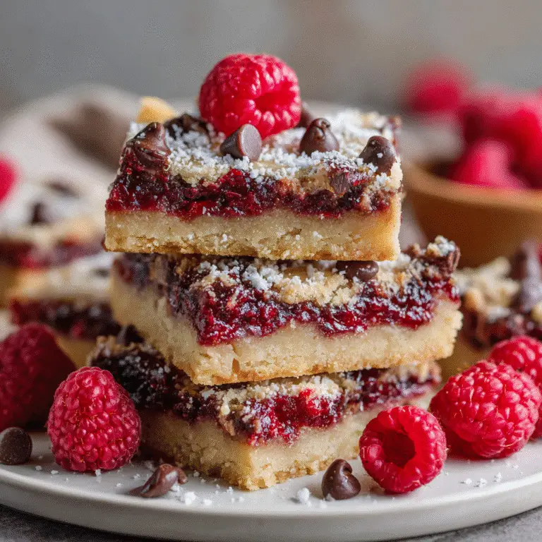 Chocolate raspberry bars on wooden board