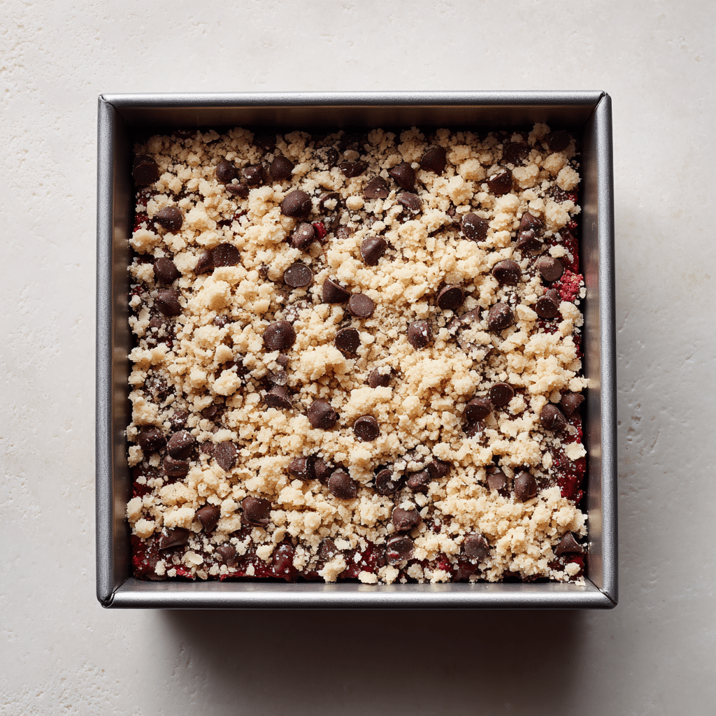 Chocolate raspberry bars topped with crumble before baking