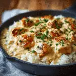 Creamy Smothered Chicken and Rice in cast iron skillet