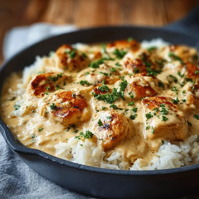 Creamy Smothered Chicken and Rice in cast iron skillet