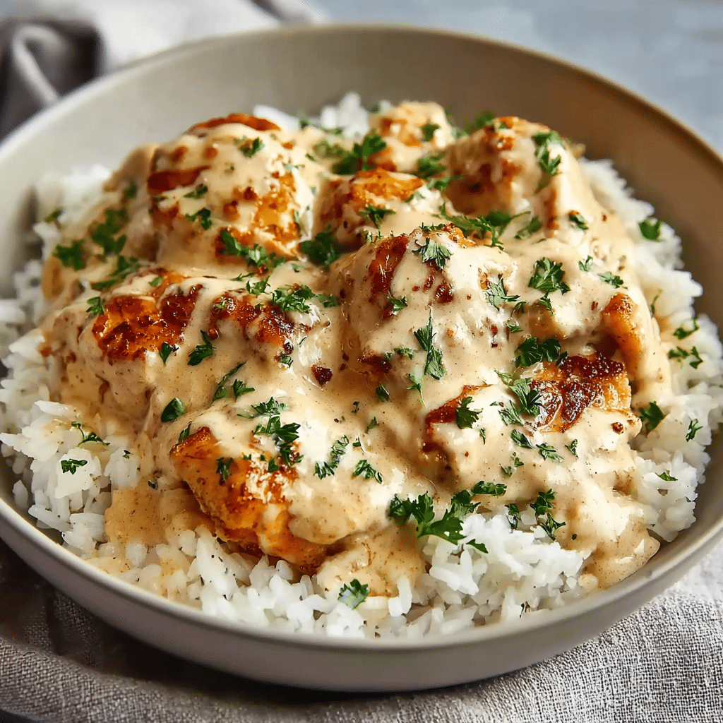 Plated creamy smothered chicken and rice