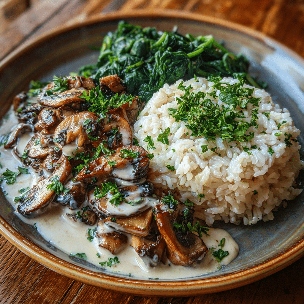 Creamy smothered chicken and rice with mushrooms and spinach