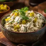 Dill Pickle Chicken Salad in a rustic bowl