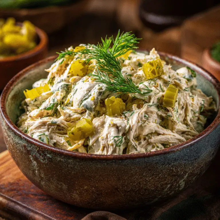 Dill Pickle Chicken Salad in a rustic bowl