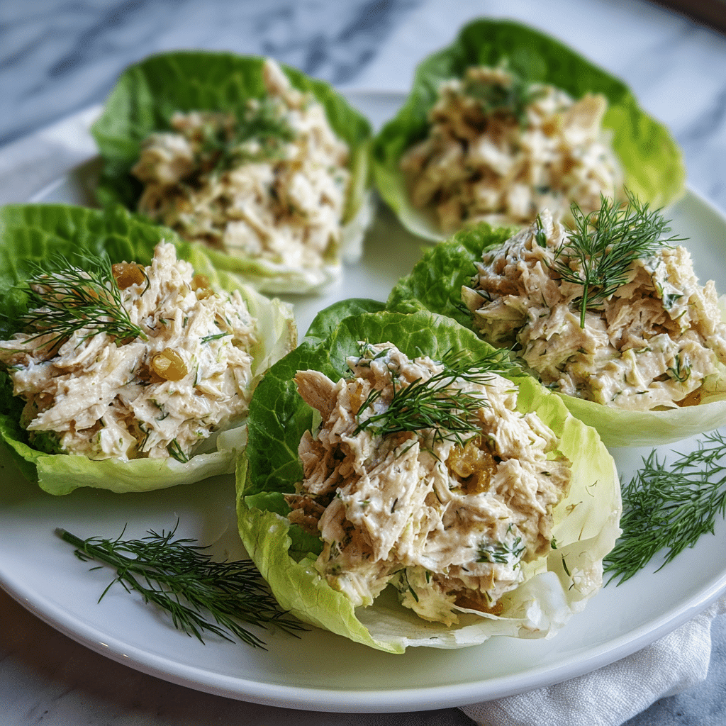 Dill Pickle Chicken Salad served in lettuce wraps