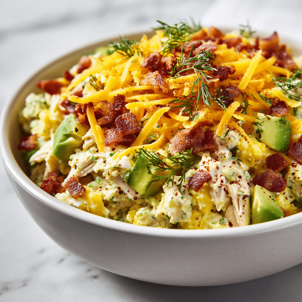 Dill Pickle Chicken Salad with Bacon, Cheese, and Avocado