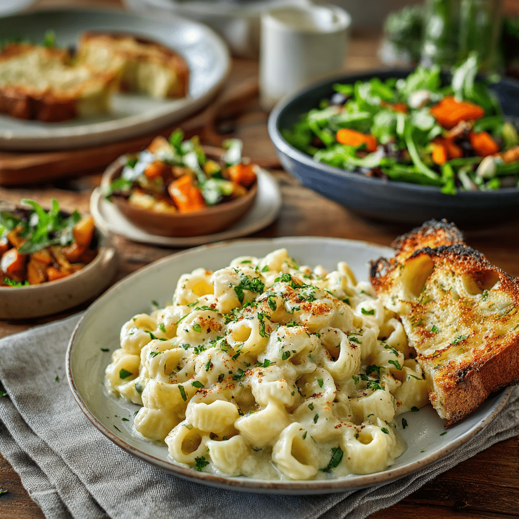 Ditalini pasta served with garlic bread, green salad, and roasted vegetables