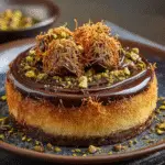 Dubai chocolate cheesecake topped with kataifi and pistachios