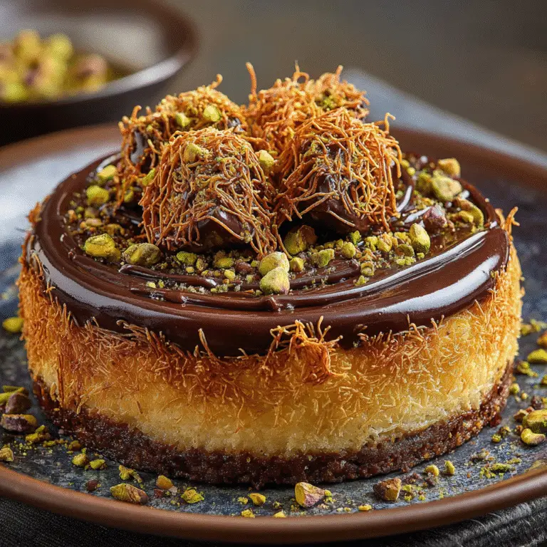 Dubai chocolate cheesecake topped with kataifi and pistachios