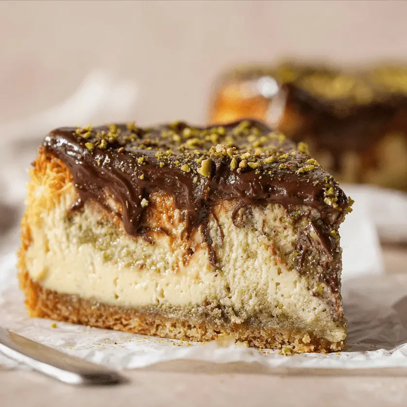 Slice of Dubai chocolate cheesecake with pistachio glaze and kataifi crust