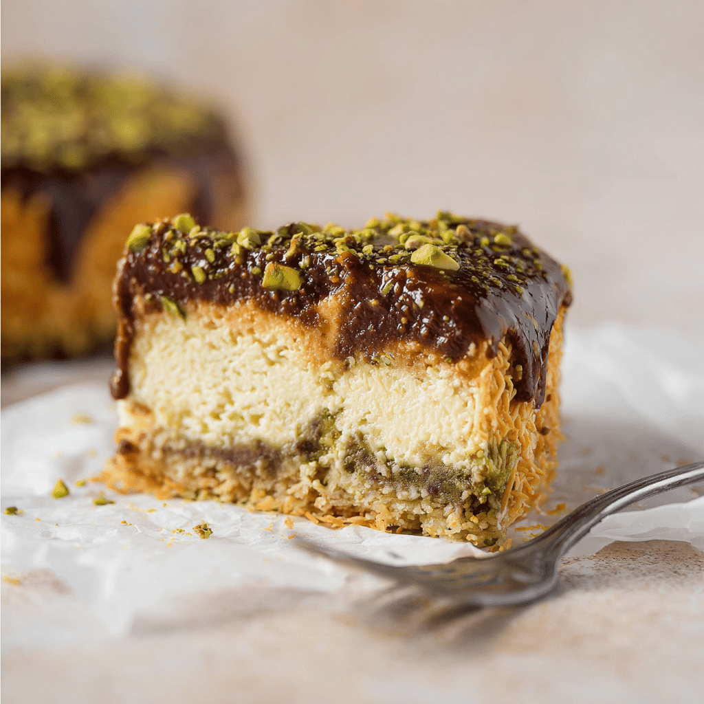 Dubai chocolate cheesecake with kataifi crust and pistachio ganache