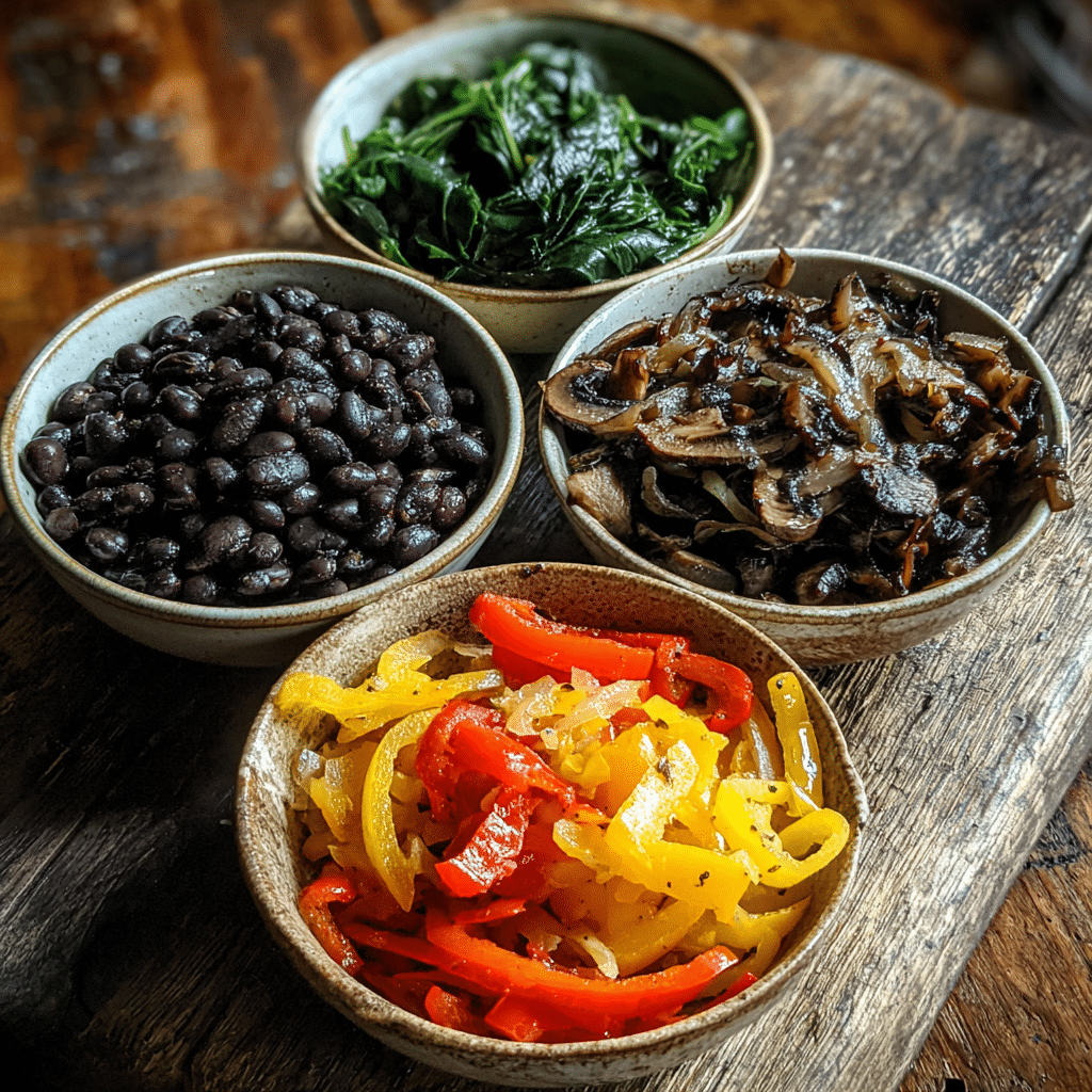 Ingredients for white chicken enchilada recipe including beans, spinach, and mushrooms
