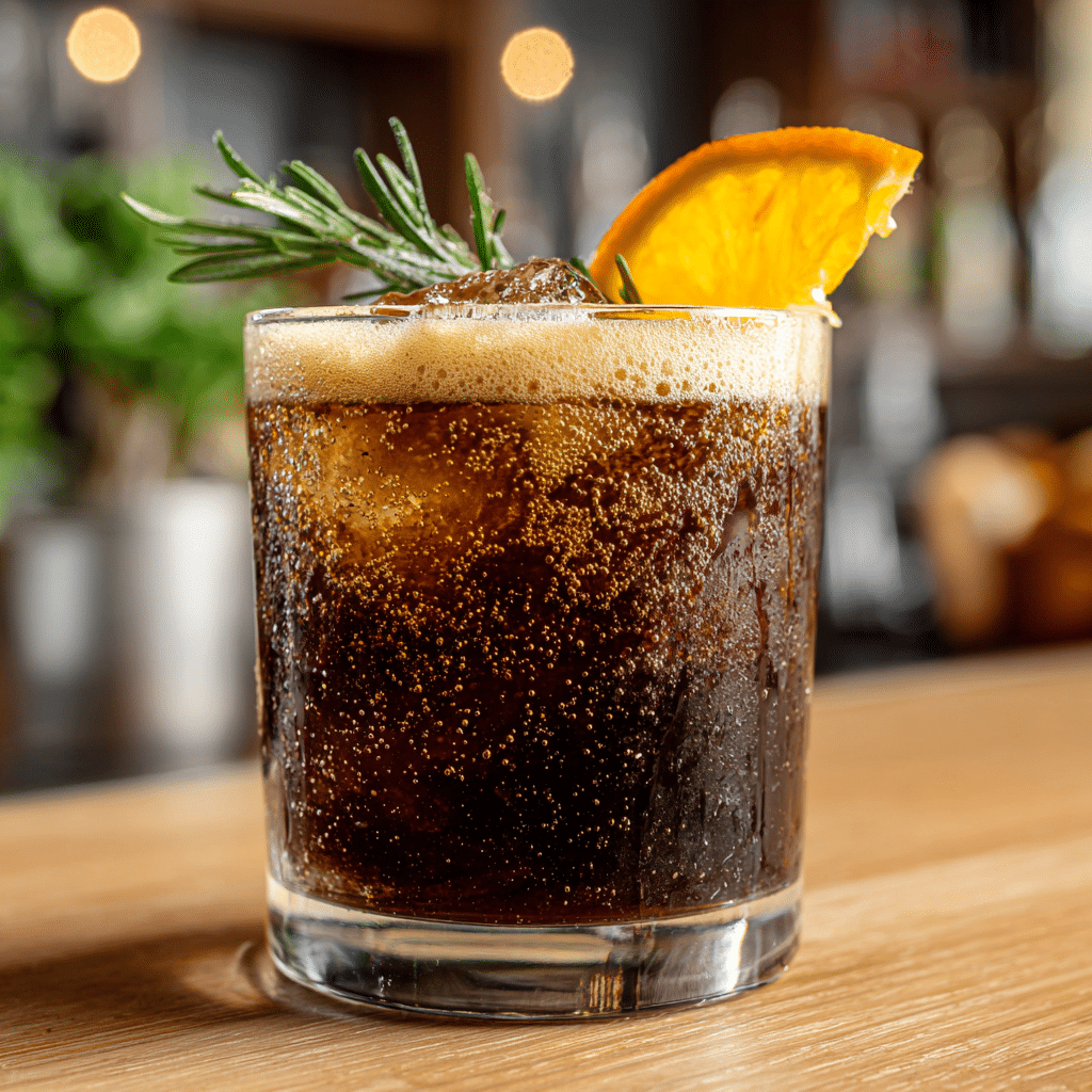 Angled close-up of espresso soda with rosemary and orange garnish