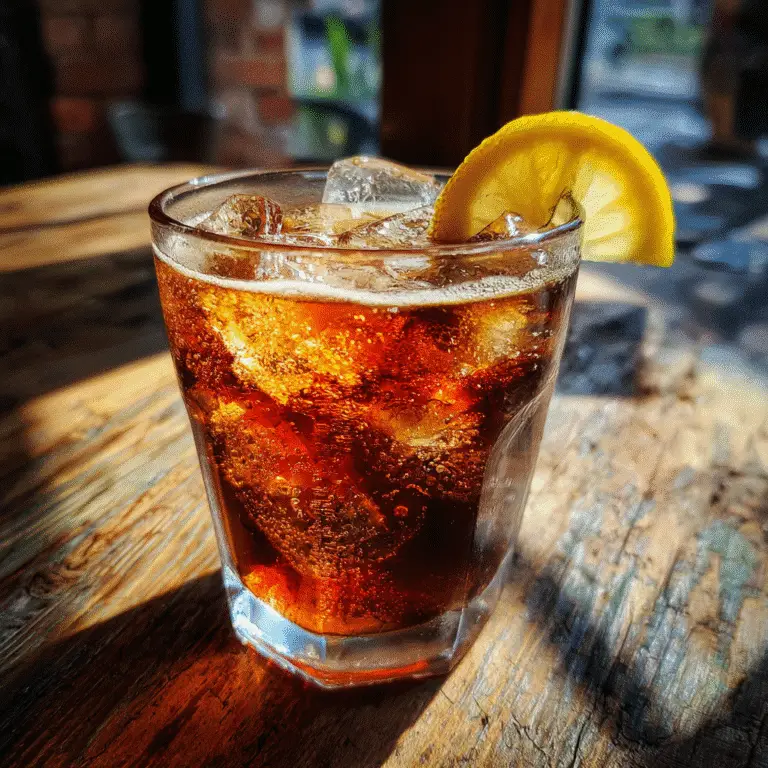 Glass of espresso soda with lemon twist and ice on a wooden table