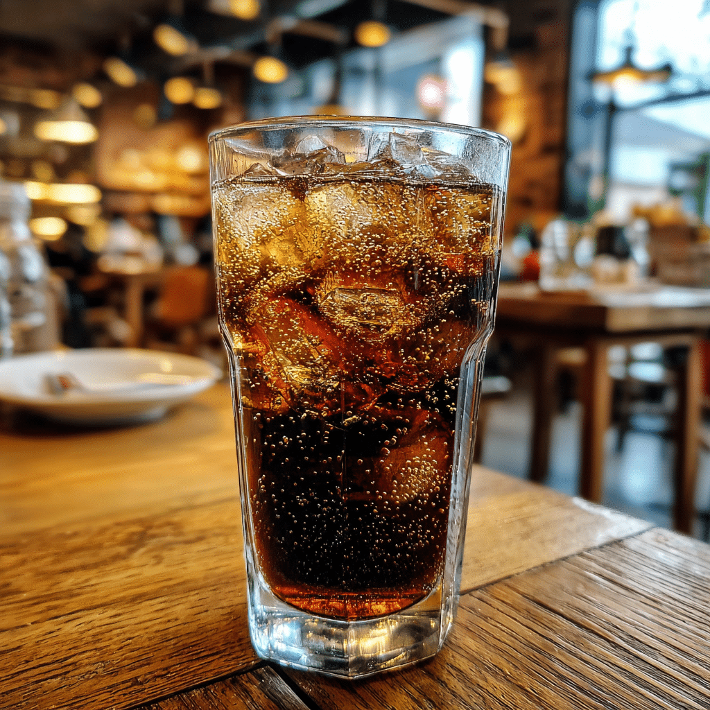 Espresso soda in a tall glass with crema and lemon twist, front view