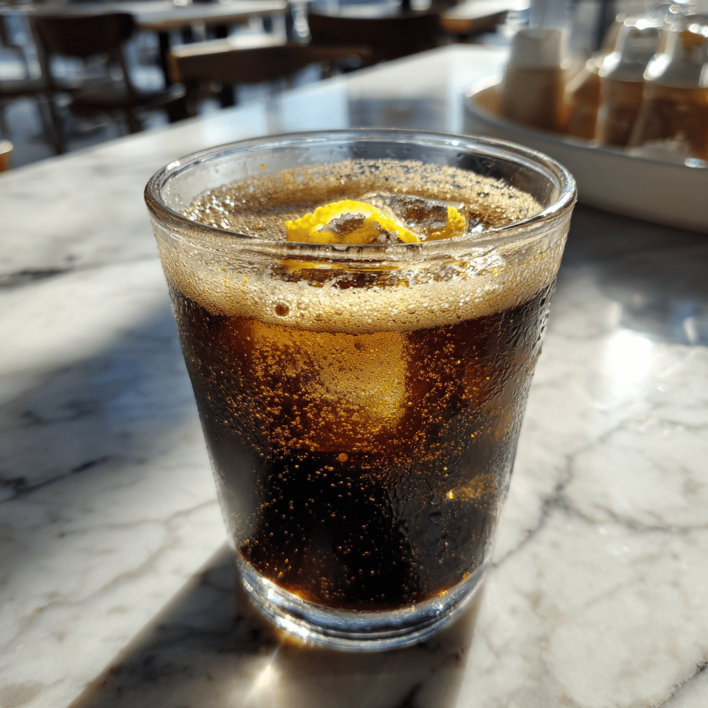 espresso soda with foam, ice, and citrus garnish