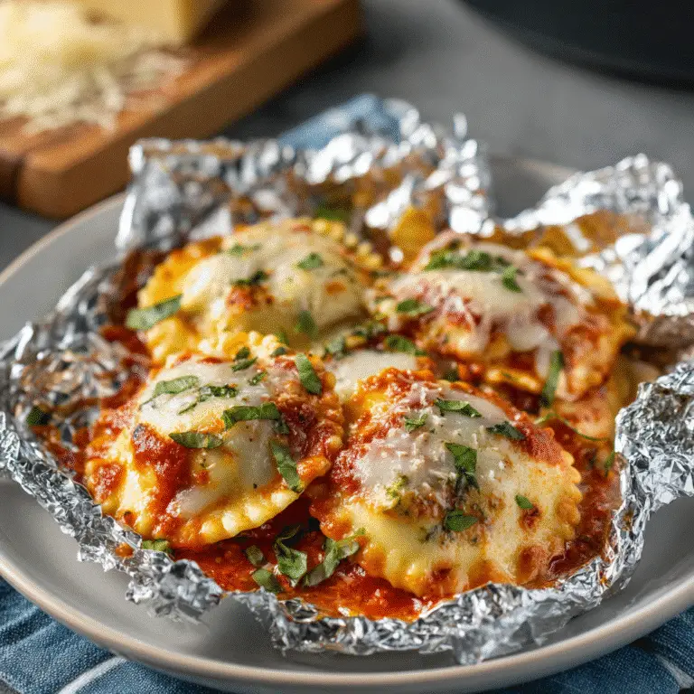 Foil Pack Ravioli close-up with cheese and basil