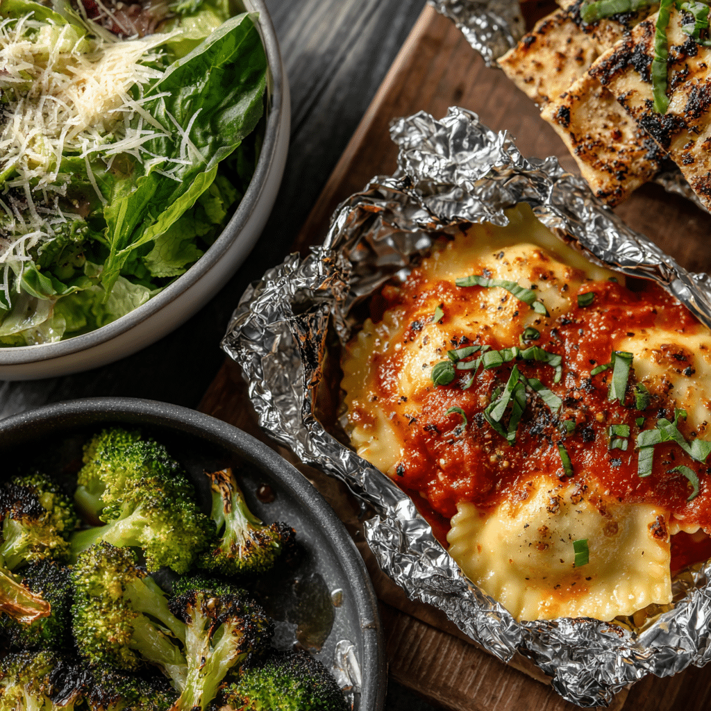 foil pack ravioli side dishes including garlic bread, Caesar salad, and roasted vegetables