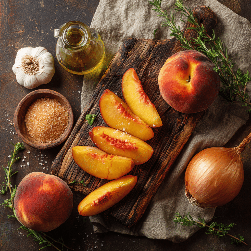 Fresh peaches and ingredients for peach chicken