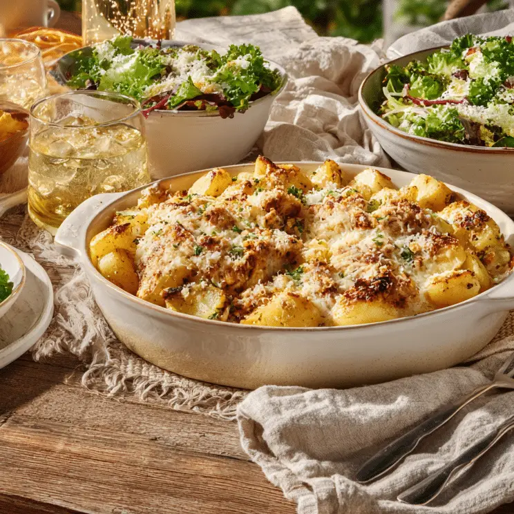 Garlic Parmesan Chicken and Potatoes served with salad and drinks