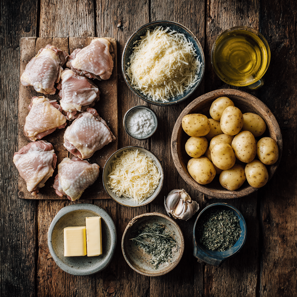 Ingredients for garlic parmesan chicken and potatoes on countertop
