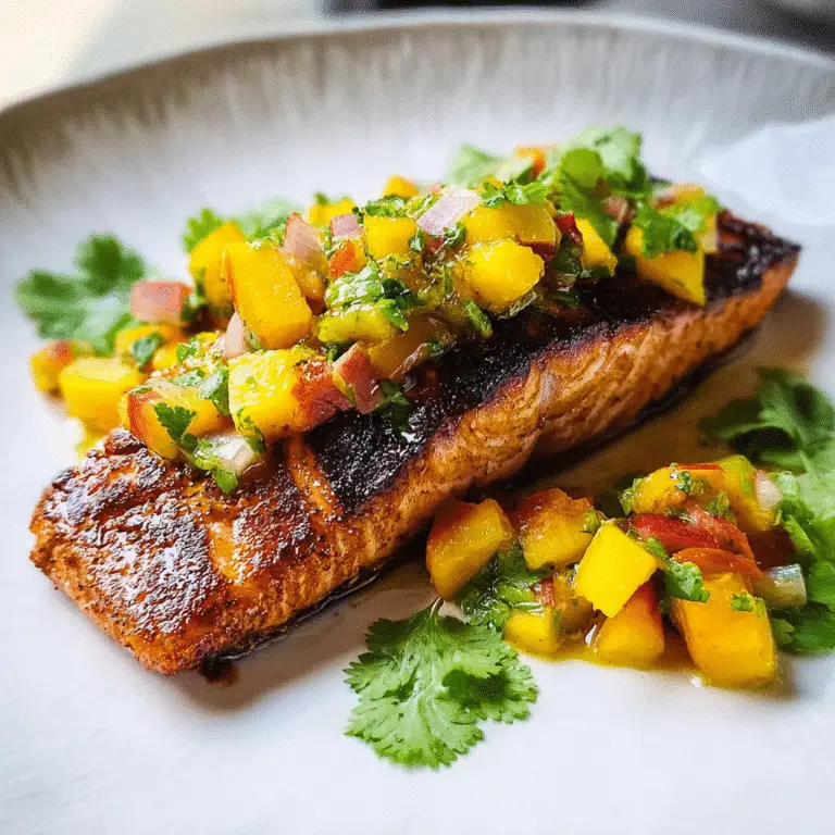 Grilled Salmon With Peach Salsa on white plate