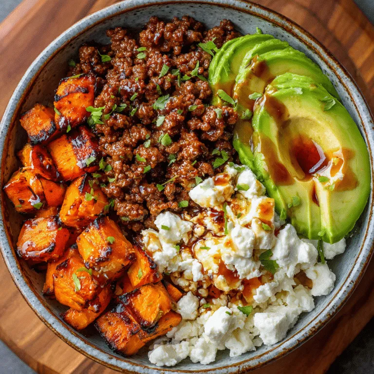 Ground beef hot honey bowl with roasted sweet potatoes and avocado