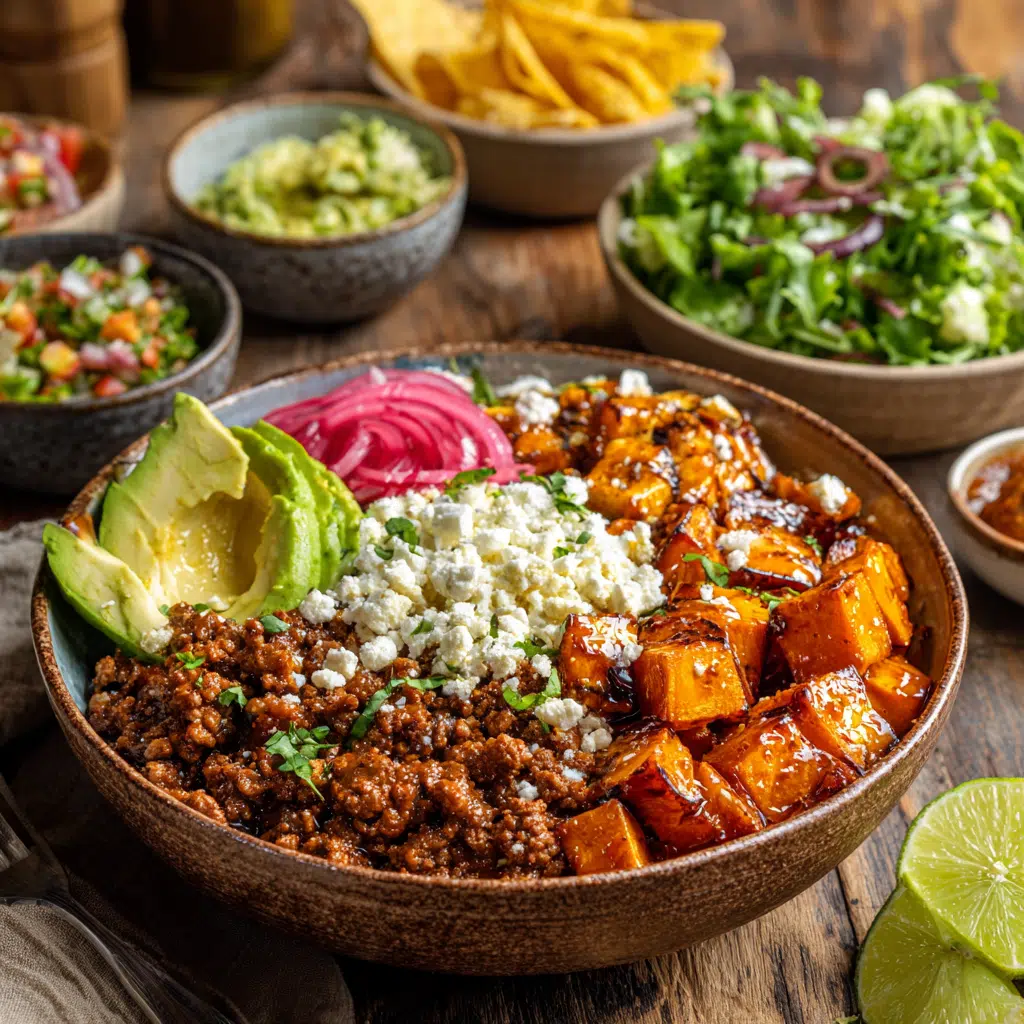 Ground beef hot honey bowl with avocado and sweet potato served with side salad, salsa, and tortilla chips