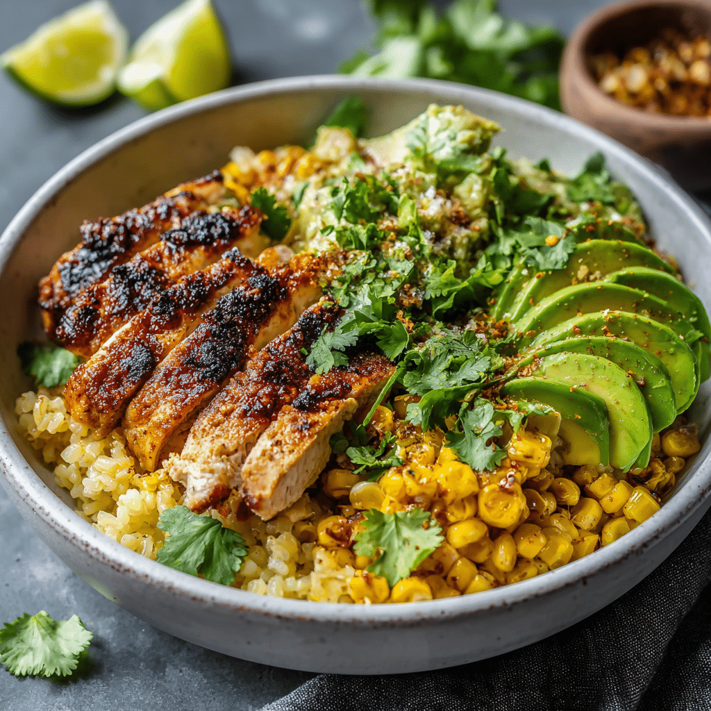Healthy Street Corn Chicken Rice Bowl with fresh ingredients like grilled chicken, corn, and avocado