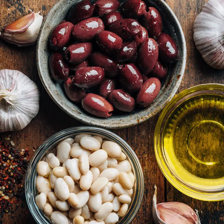 Ingredients for Kalamata White Bean Dip on a kitchen surface