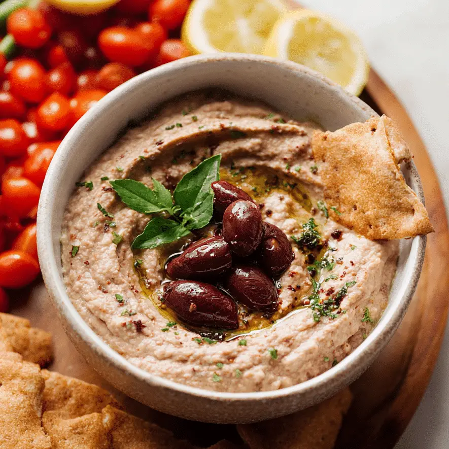 Serving Kalamata White Bean Dip with mezze platter