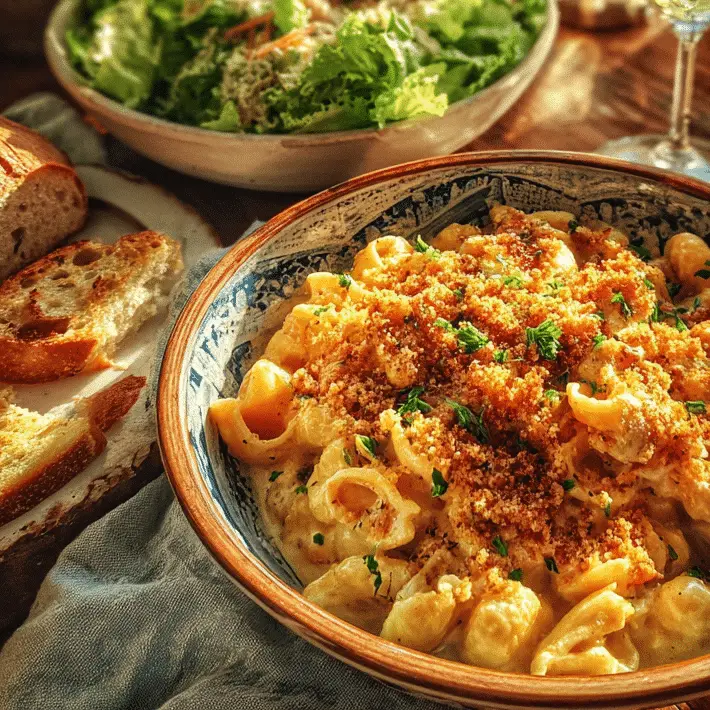 Perfect pairings for Viral Trader Joe’s Lobster Bisque Pasta with salad, garlic bread, and white wine on a dinner table